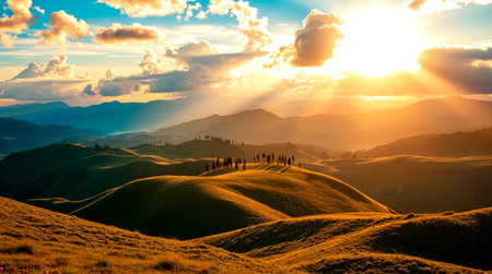 Beautiful sunset in the Tuscany hills, Italy. Panoramic image