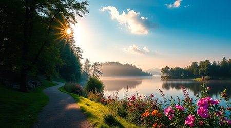 Beautiful morning landscape with a lake in the middle of the forestの写真素材