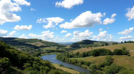 Panoramic view of the valley with the river and blue sky