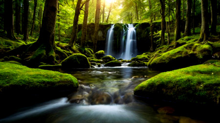 Beautiful waterfall in the forest. Soft focus. Long exposure.