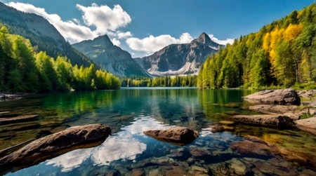 panoramic view of alpine lake with reflection of mountain peaks and clouds