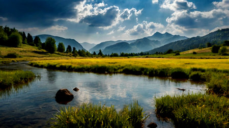 landscape with mountain river and cloudy sky in summer, Altai, Russia