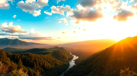 Panoramic view of the mountain river at sunset. Beautiful summer landscape.の写真素材