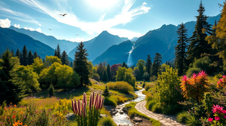 Panoramic view of alpine meadow with flowers and waterfall in the background