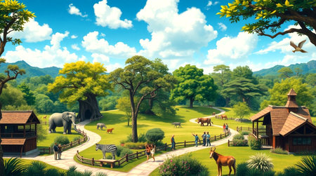 3d render of children playing in the park with animals and natureの写真素材
