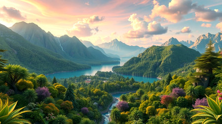 Panoramic view of the lake and mountains at sunset