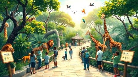 Giraffe walkway in the jungle with tourists, 3d rendering