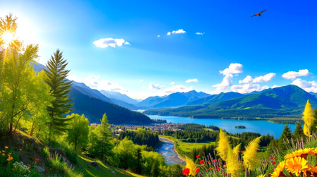 Panoramic view of the lake and mountains in the background.の写真素材