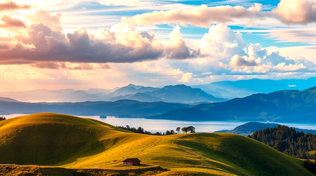 Panoramic view of the lake and mountains at sunset. Location place Carpathian, Ukraine, Europe....