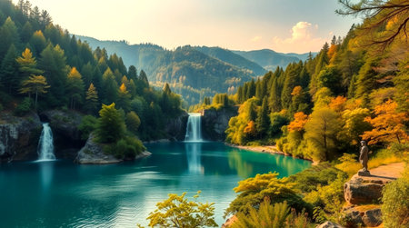 Autumn landscape with beautiful waterfall in Jiuzhaigou, China