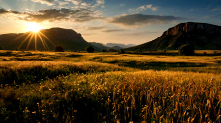 Sunset over the meadow with yellow grass and mountains in the background