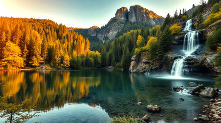 Autumn alpine lake with a waterfall in the background. Dolomites, Italy