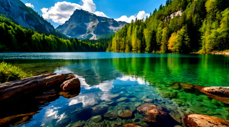 Mountain lake with crystal clear water and reflection of mountains in the water