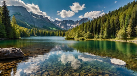 Panoramic view of the lake Braies in Dolomites, Italy