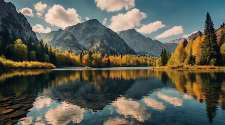 Panoramic view of alpine lake in autumn, Italy.
