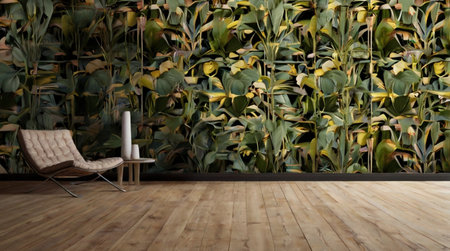 Modern bright interiors 3D rendering illustration. Living room with plants
