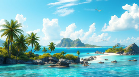 tropical island with palm trees and turquoise water 3d render