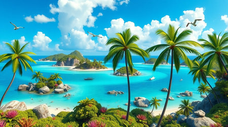 Beautiful tropical island with palm trees and turquoise sea.の写真素材
