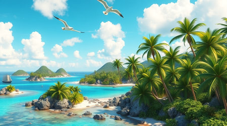 Tropical island with palm trees and seagulls. 3d render