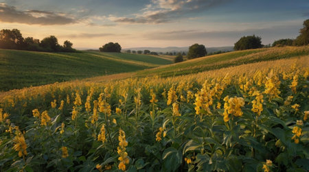 Sunflower field at sunset in summer. Rural landscape with sunflowers.