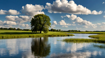 Summer landscape with river, trees and clouds in the blue sky.