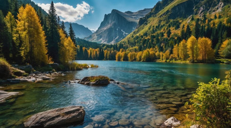 panoramic view of alpine lake in autumn, Italy