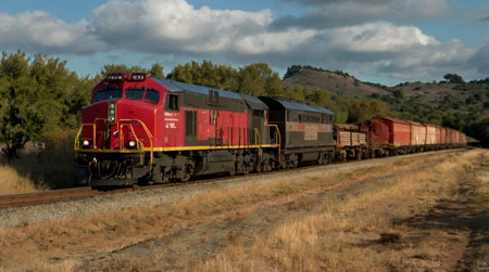 Freight train with red wagons on the railroad tracks in California