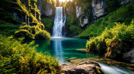 Waterfall in Plitvice Lakes National Park, Croatia. Panorama
