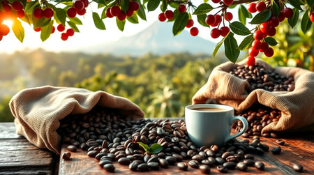 Coffee cup and coffee beans on wooden table with mountain backgroundの写真素材