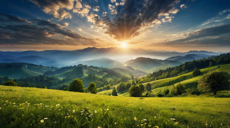 Majestic sunset in the mountains landscape. Dramatic sky. Carpathian, Ukraine, Europe. Beauty world.の写真素材