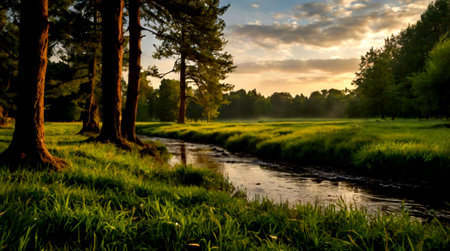 Sunset over a small river in the forest with trees and grass