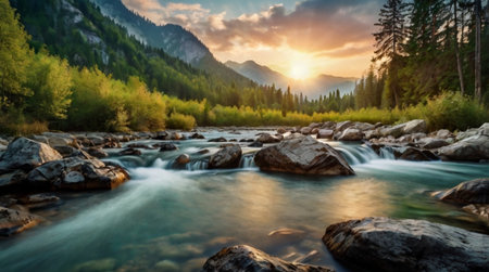 Mountain river at sunset. Beautiful summer landscape with mountain river.の写真素材