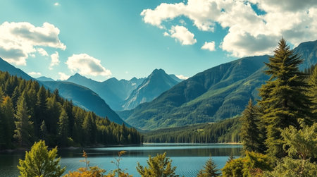 Panoramic view of the lake and mountains in the background.