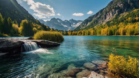 Beautiful alpine lake with clear water and mountains in the backgroundの写真素材
