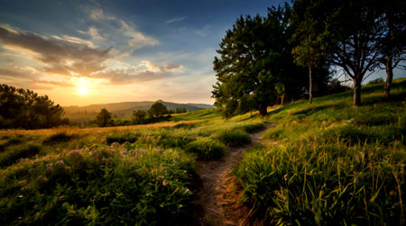 Sunset in the mountains with a path leading to the horizon.の写真素材