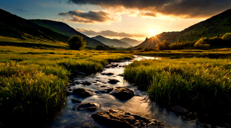 Mountain river at sunset. Beautiful summer landscape.