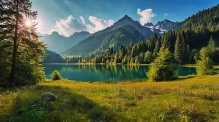 Panoramic view of the alpine lake Obersee in Tyrol, Austria