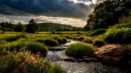 A beautiful view of a small river flowing through the woods and meadows.の写真素材