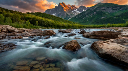 Mountain river in the mountains at sunset, panoramic view