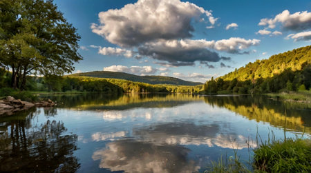 Beautiful summer landscape with river and blue sky with clouds reflected in water