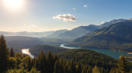 Panoramic view of the lake in the mountains during a sunny day