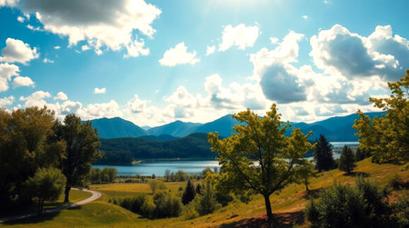 landscape with lake and mountains in the background, blue sky with cloudsの写真素材