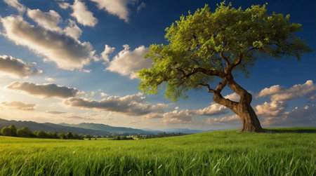 Lonely tree on a green meadow and mountains in the background