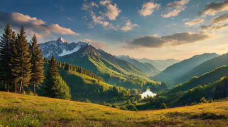 Panoramic view of alpine meadows and high mountains in the morning