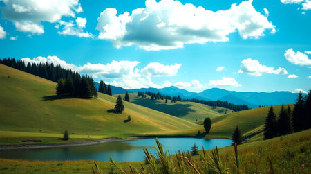 Landscape of grassland and lake under blue sky with white clouds