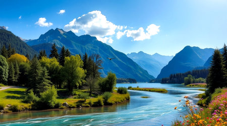 panoramic view of the alps and the river in summer