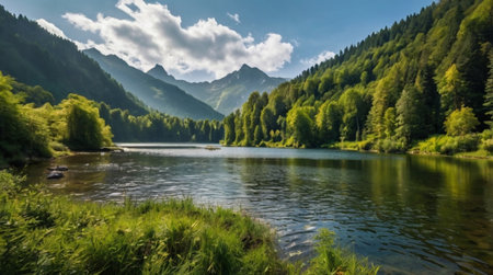 Panoramic view of a mountain lake in the Carpathian Mountains