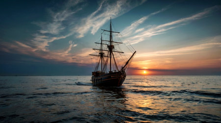 Silhouette of a sailing ship in the sea at sunset.