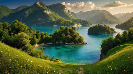 Panoramic view of beautiful lake in the mountains. Beautiful summer landscape.