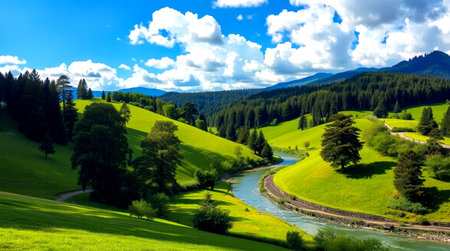 Beautiful landscape. Green meadows and riverの写真素材